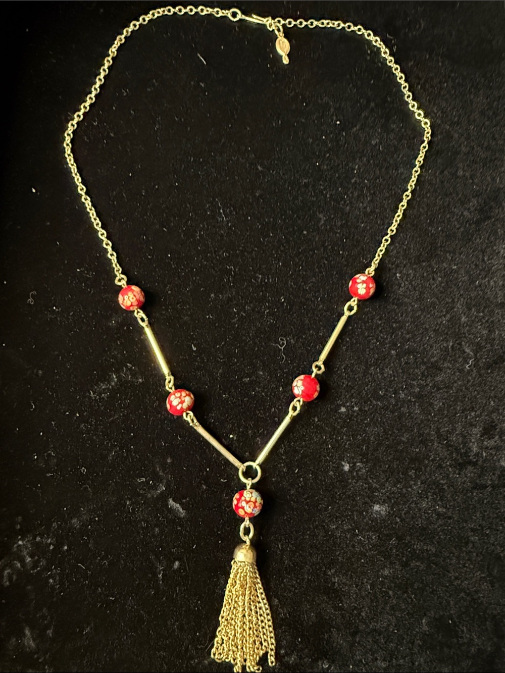 Sarah Coventry Gold Tassel Necklace with Red Floral Beads